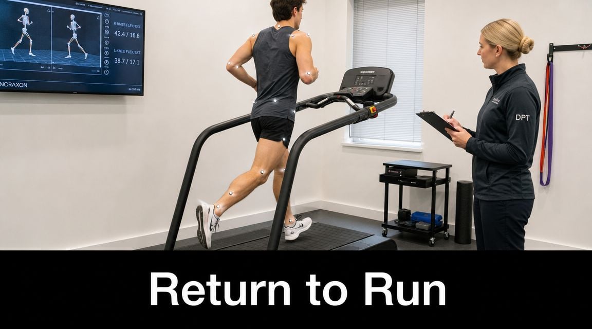 A professional physical therapist evaluates a male athlete's running form on a treadmill for gait analysis.