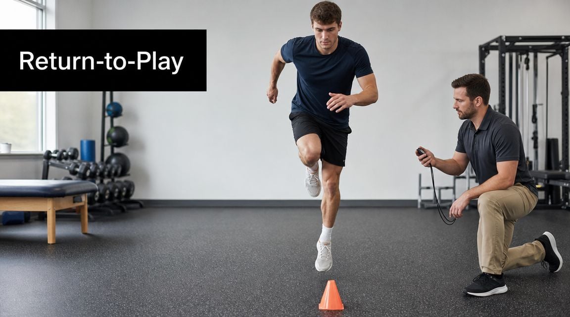 A physical therapist monitors an athlete performing agility exercises as part of his rehabilitation program in a gym.