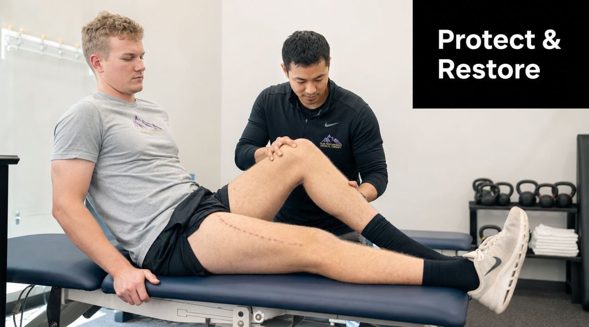A physical therapist examines a patient's knee during an ACL recovery timeline for athletes session.