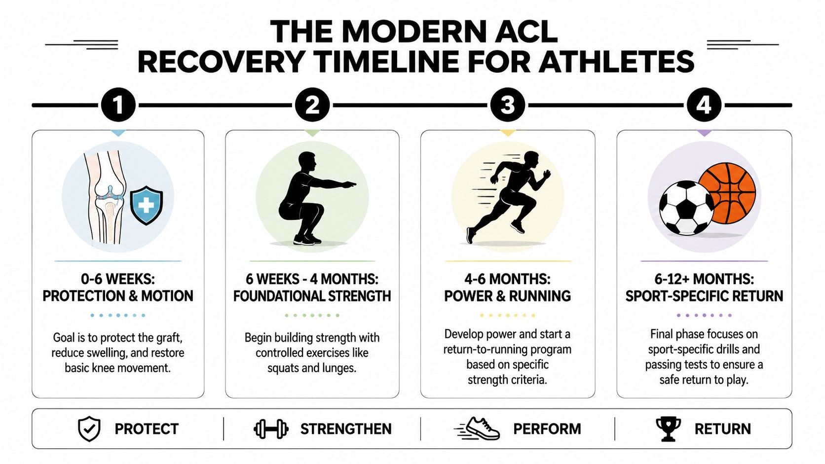 A four-stage timeline infographic showing the rehabilitation process for athletes recovering from an ACL injury.