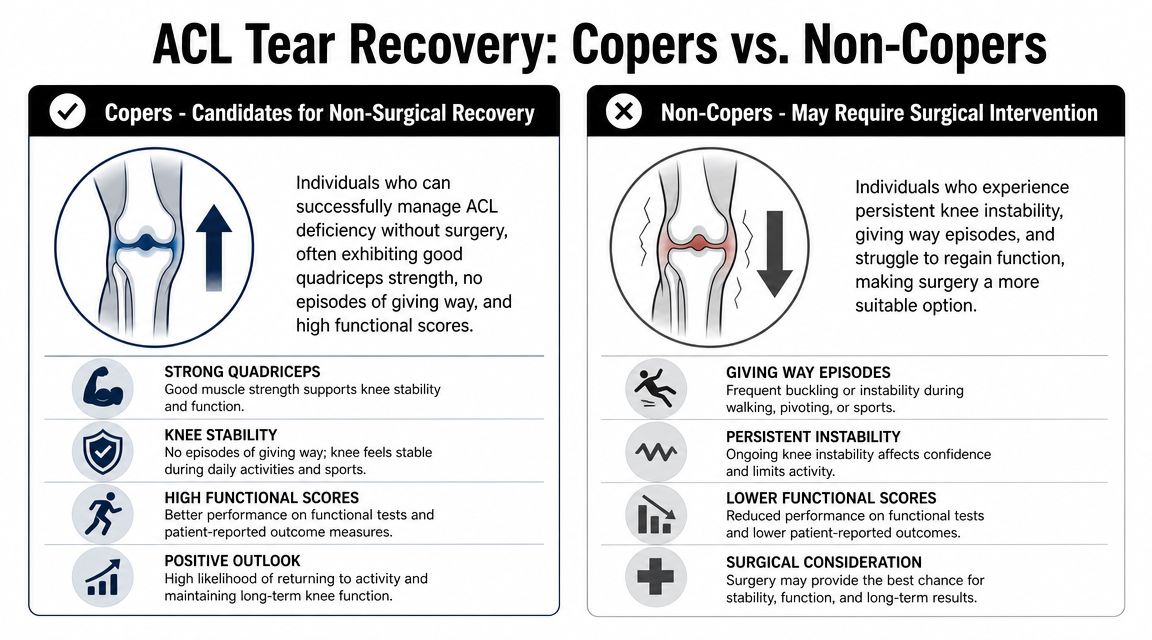 A comparison chart outlining differences between copers and non-copers in ACL tear recovery and surgical needs.