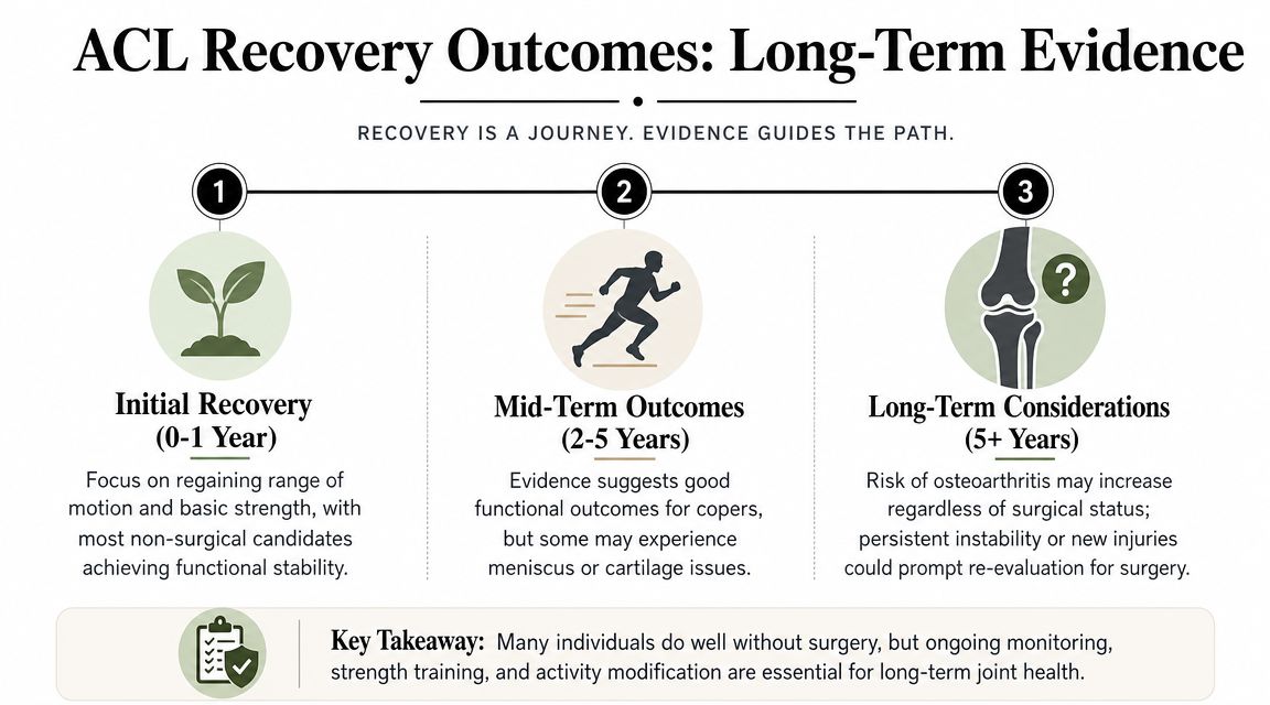 A timeline graphic illustrating ACL recovery outcomes over three stages from initial recovery to long-term joint health.