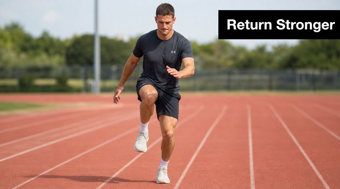 An athletic man performing high knee exercises on an outdoor track to help with ACL recovery.