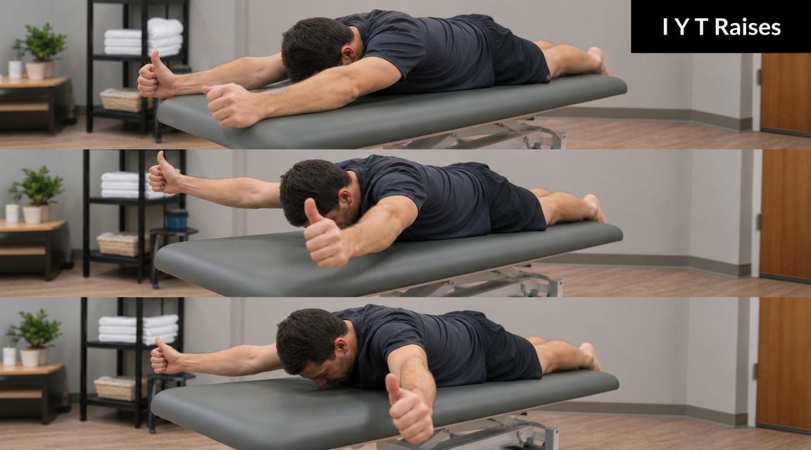 A person lying face down on a treatment table performing I, Y, and T shoulder raise exercises.