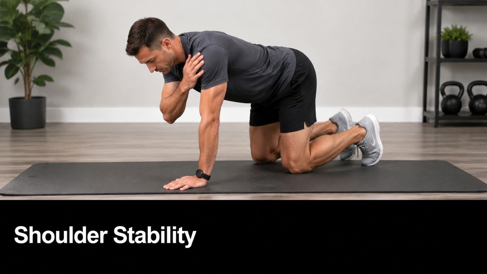 A man performing a shoulder stability exercise on an exercise mat in a room.