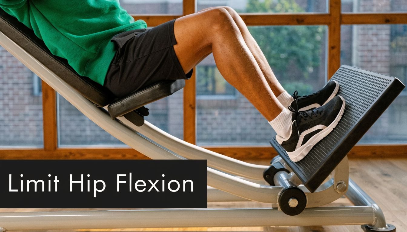 A person performing a leg press exercise on a machine while avoiding excessive hip flexion for safety.