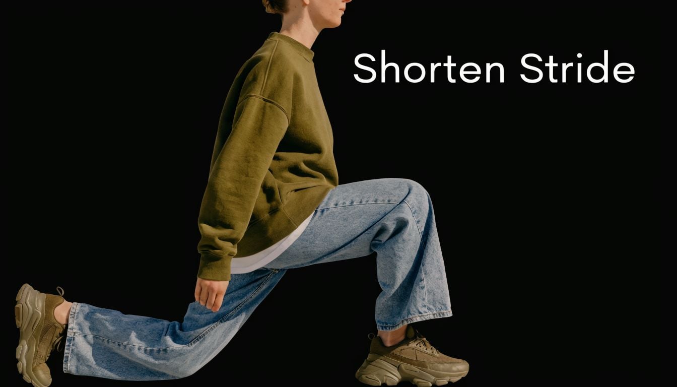 A person in blue jeans and an olive sweater performing a lunge against a solid black background.