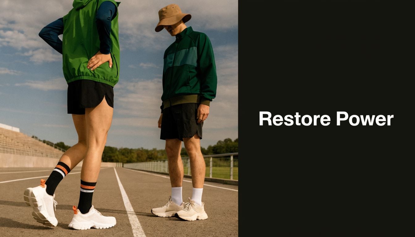 Two athletes standing on a running track with the phrase Restore Power written on the right side.