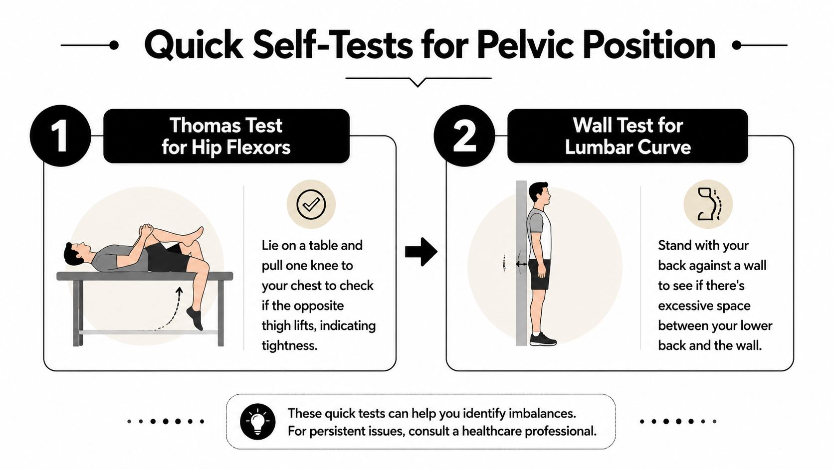 An infographic illustrating two physical self-tests for checking pelvic position, including the Thomas test and wall test.