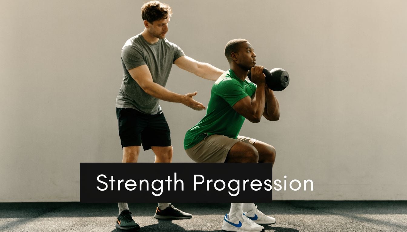 A fitness trainer assisting a man performing a goblet squat exercise in an indoor gym setting.