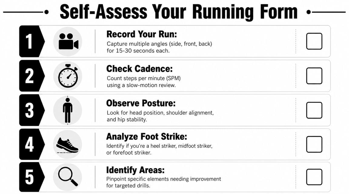 A five-step checklist illustrating how to self-assess running form through recording, cadence, posture, and foot strike analysis.
