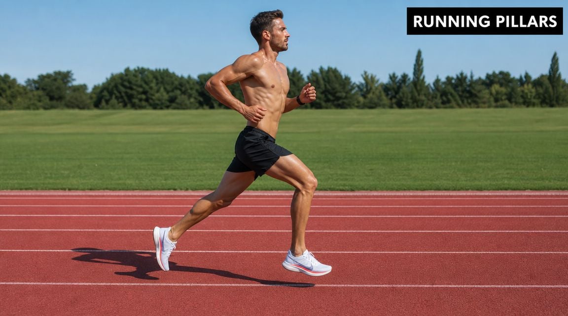 A shirtless male athlete with a muscular build running on a red outdoor athletics track.