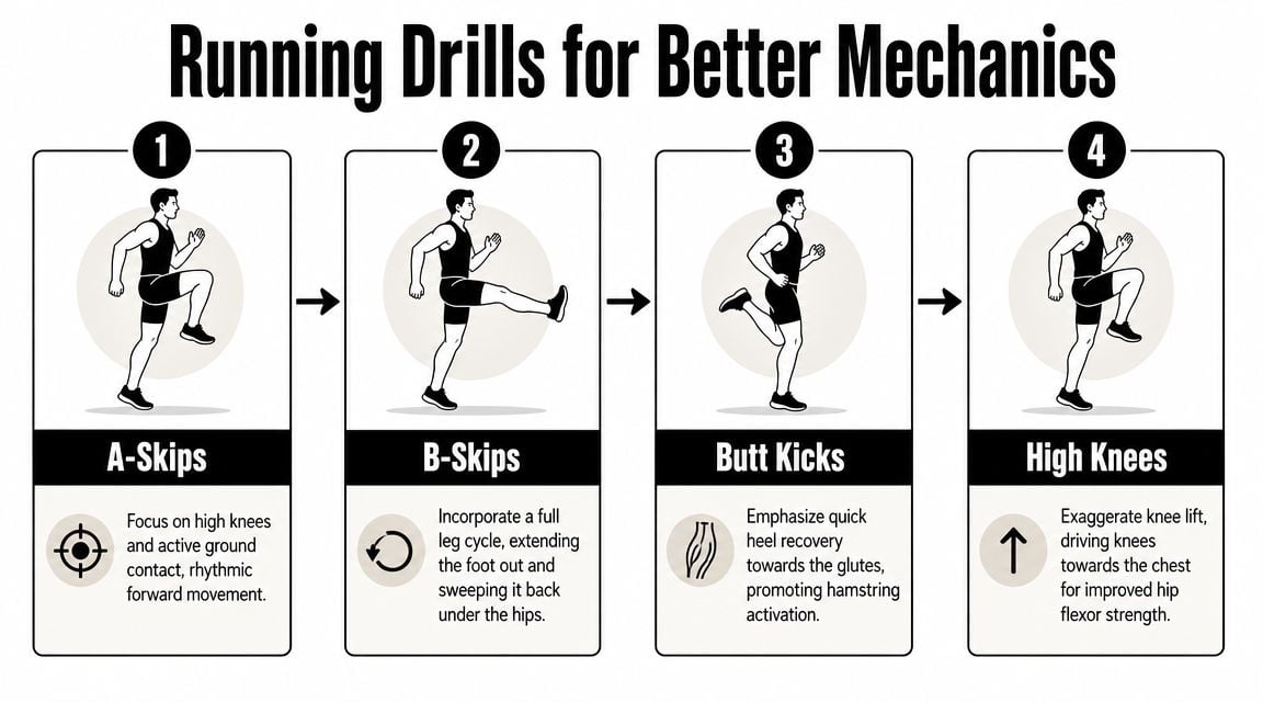 An educational infographic illustrating four essential running drills to improve running mechanics and form.