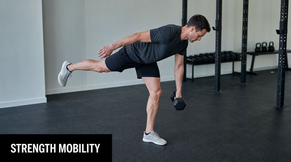 A man performing a single-leg dumbbell deadlift exercise in a gym to improve his balance and strength.