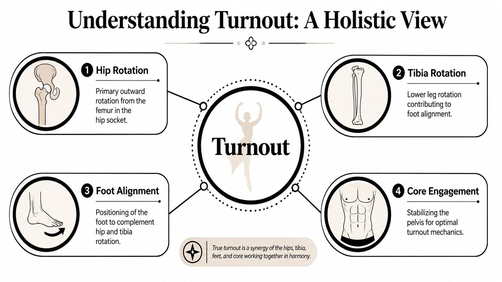 An infographic titled Understanding Turnout displaying the four anatomical components required for proper ballet turnout technique.
