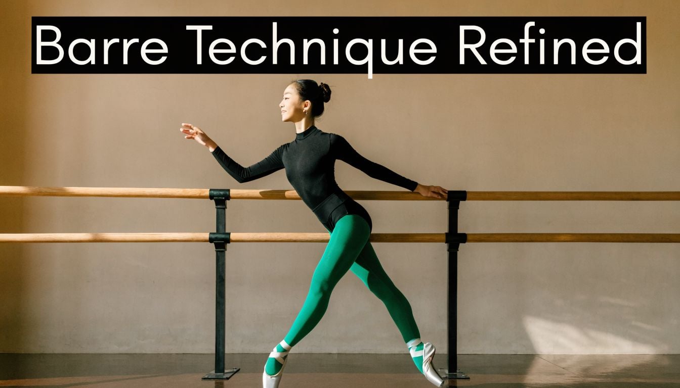 A ballet dancer performing a graceful move at a barre, illustrating refined technique for dance training.