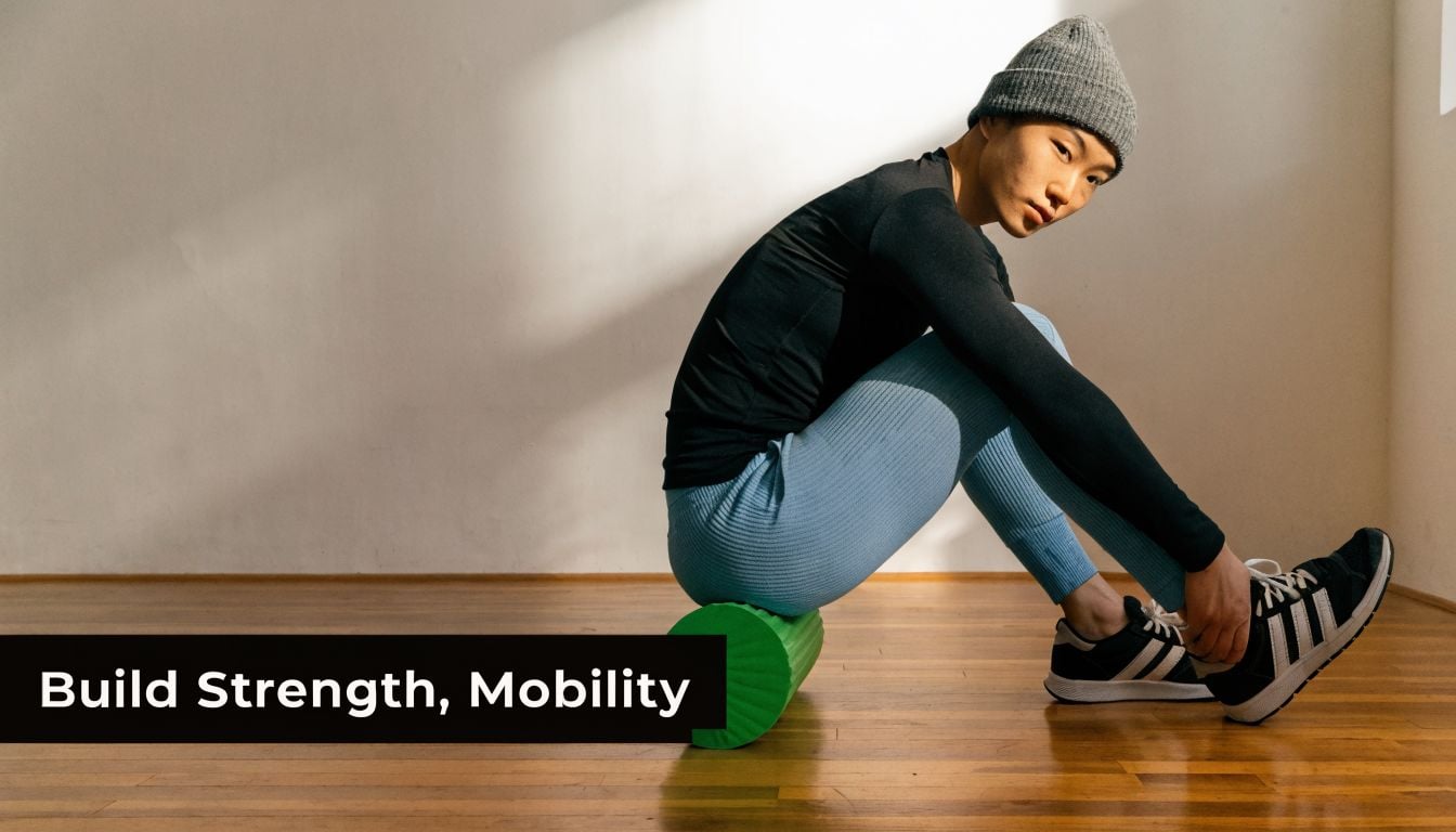 An athlete wearing a beanie and activewear using a green foam roller to improve muscle mobility.