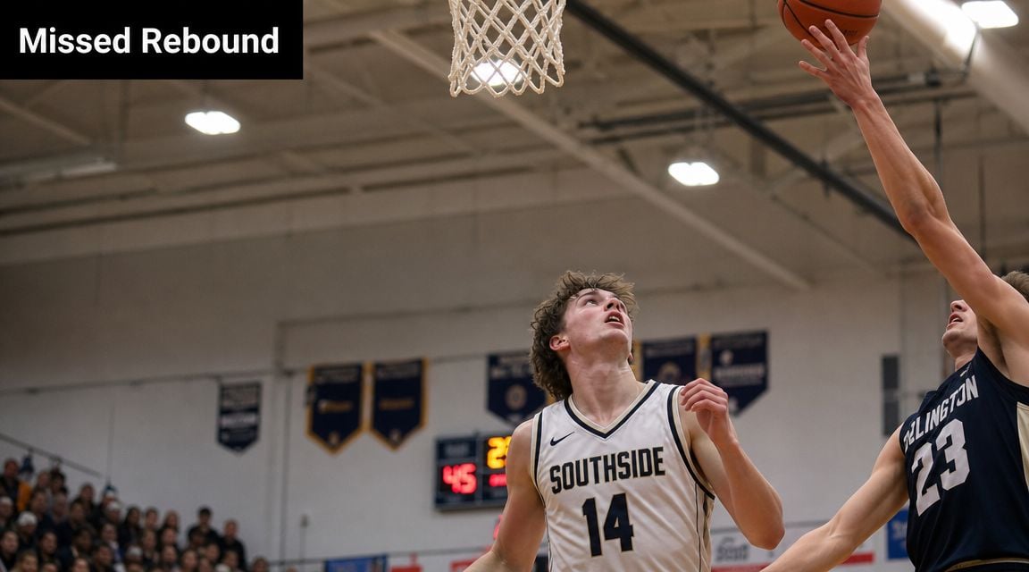 A young basketball player in a white Southside jersey watches as an opponent attempts a shot.