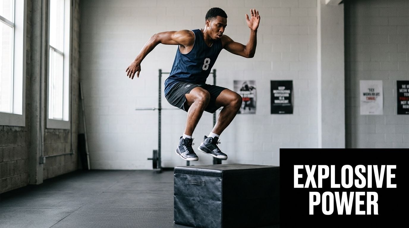 A young male athlete performing a box jump in a gym to build explosive power for basketball.