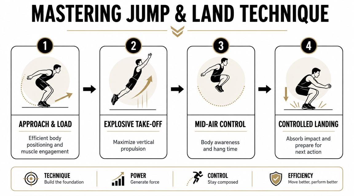 An infographic detailing the four essential steps for mastering proper jump and landing techniques for athletes.