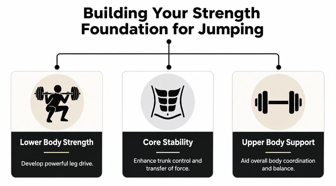 A diagram illustrating the three key pillars for building a strength foundation for jumping: lower body, core, and upper body.