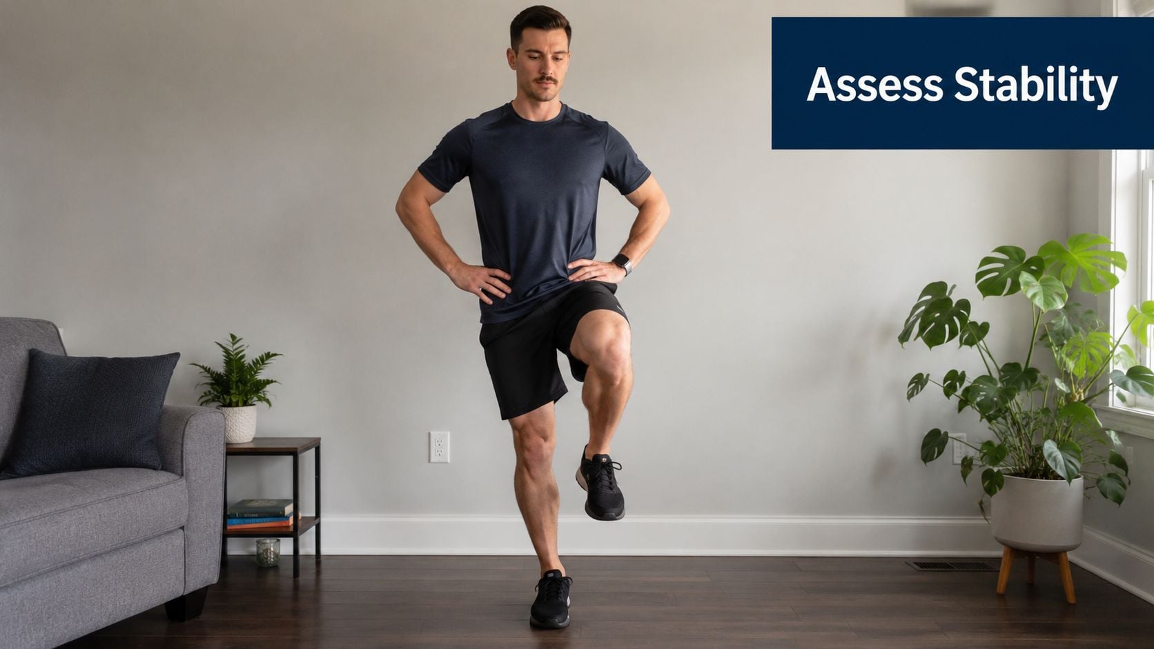 A man performing a single-leg standing balance exercise to help improve stability and strengthen hip abductors.