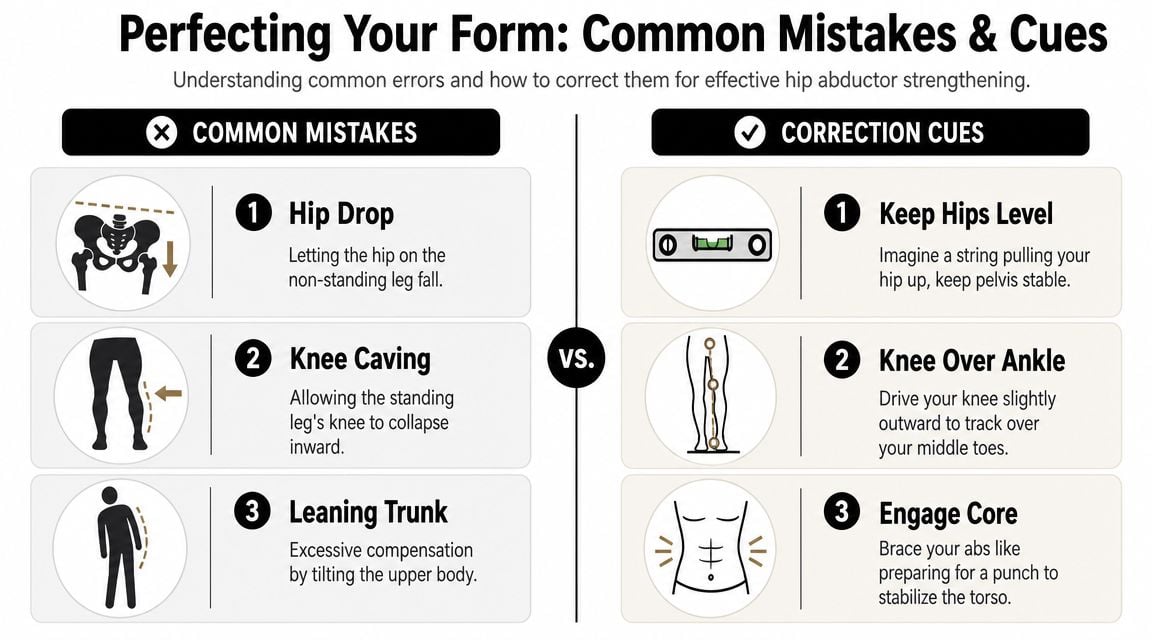 An infographic showing common mistakes and correction cues for exercises to effectively strengthen hip abductor muscles.