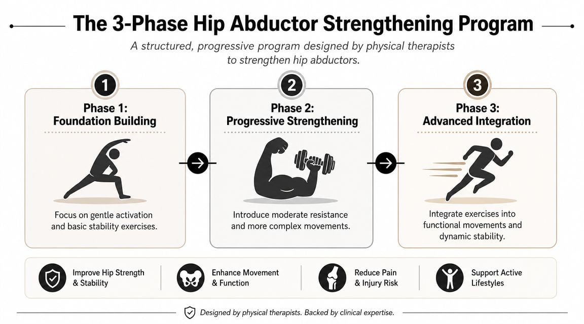 A 3-phase hip abductor strengthening program guide featuring exercises for foundation, progression, and advanced functional movement integration.