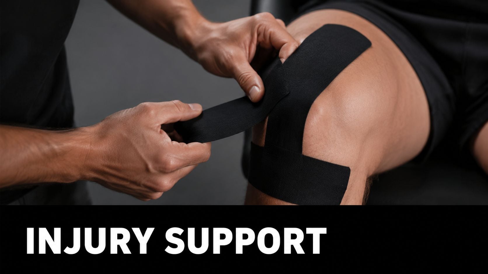 A professional physical therapist applies black kinesiology tape to a patient's knee for athletic injury support.