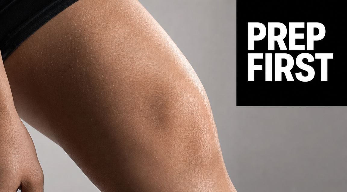 A close-up view of a person's bare leg next to a black sign with white text