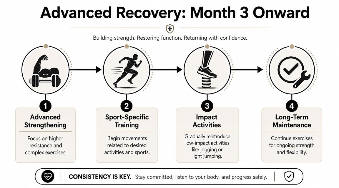 An infographic showing a four-step plan for advanced recovery from injury, starting from month three.