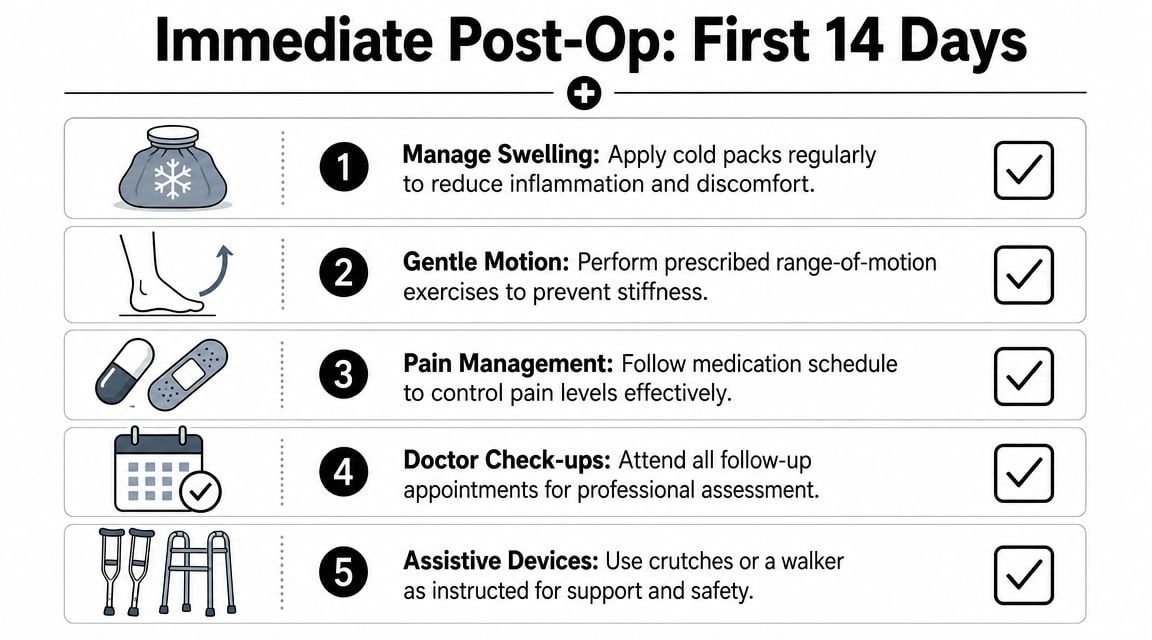A recovery checklist for patients detailing five essential steps during the first 14 days after surgery.