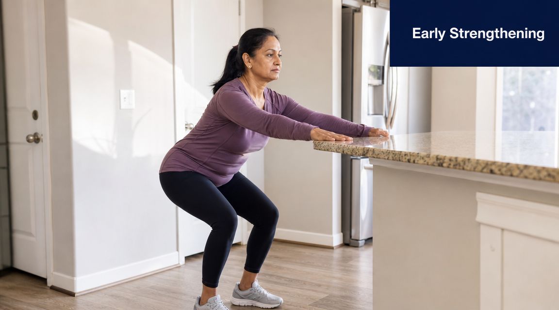 A woman performing a squat exercise with support from a kitchen counter for rehabilitation.