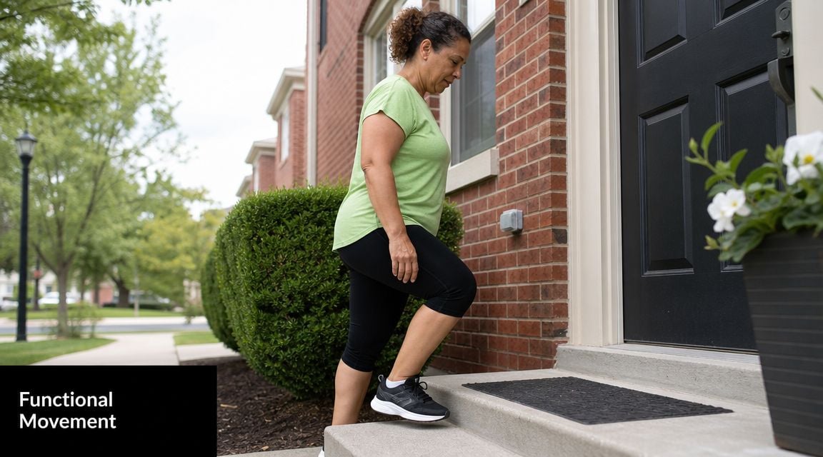 A woman performing a step-up exercise on the front porch steps to improve leg strength and mobility.