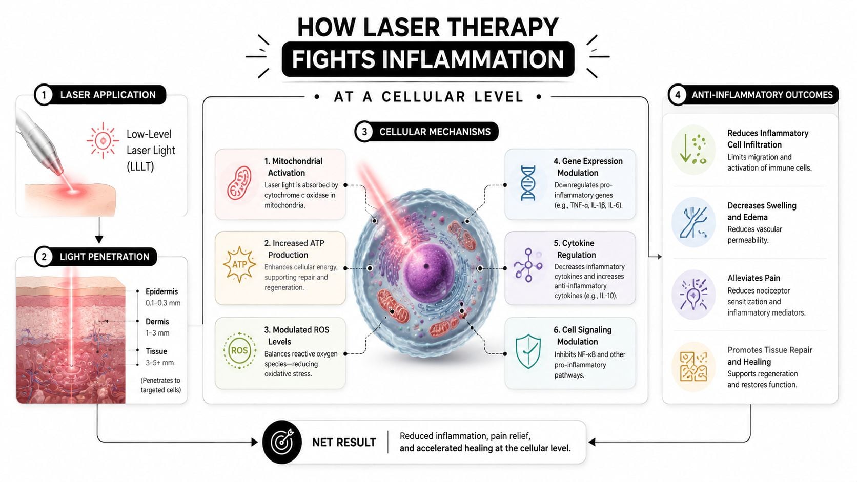 A detailed infographic explaining how laser therapy reduces inflammation through cellular mechanisms like ATP production and gene modulation.