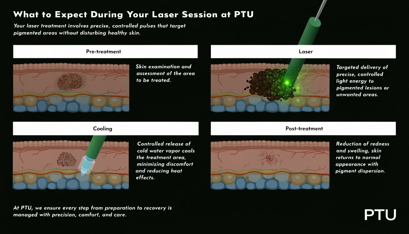 An infographic illustrating the four stages of a laser skin treatment process from assessment to recovery.