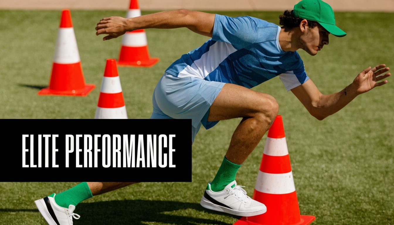 An athletic man in a cap running through orange cones on a green turf field outdoors.