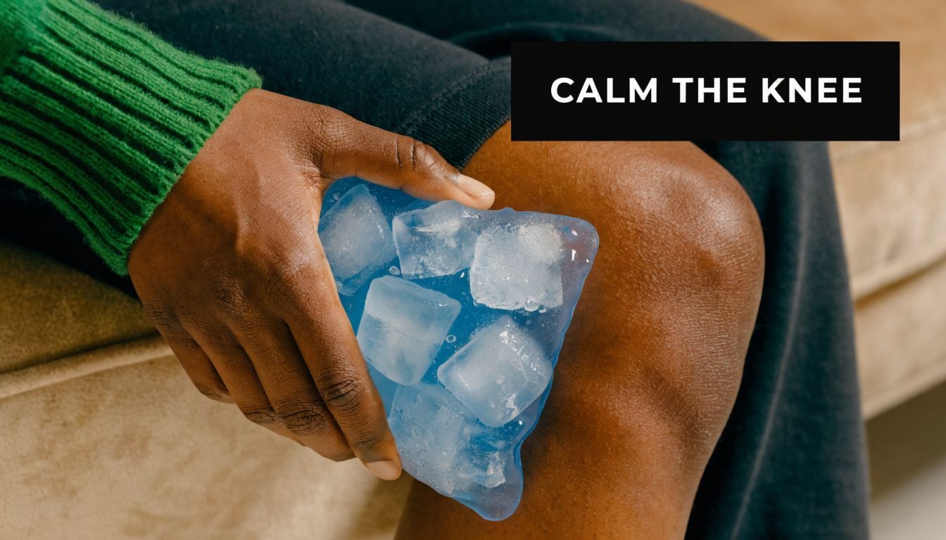A person applying a blue ice pack to their knee to relieve pain or inflammation at home.
