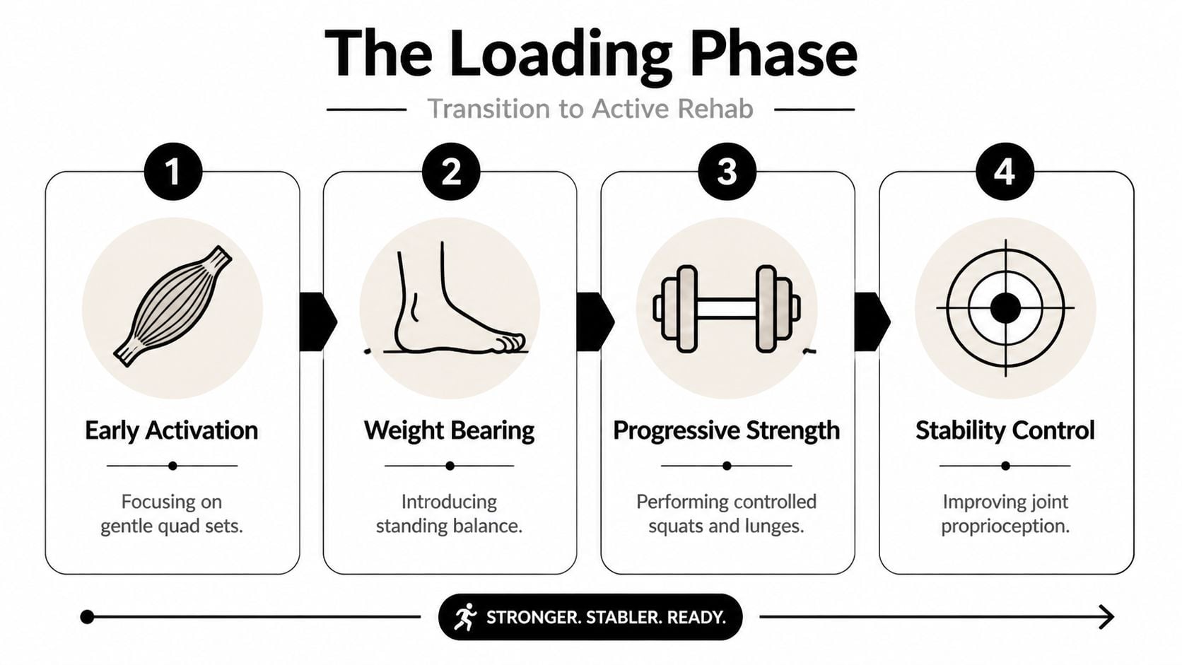 A four-step infographic illustrating the loading phase transition to active rehabilitation for a meniscus tear.