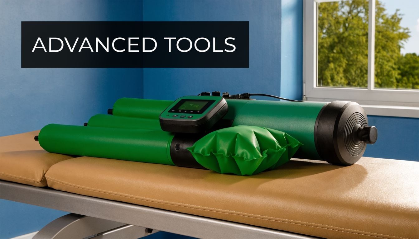 A professional medical rehabilitation device for knee therapy resting on a beige treatment table in a clinic.
