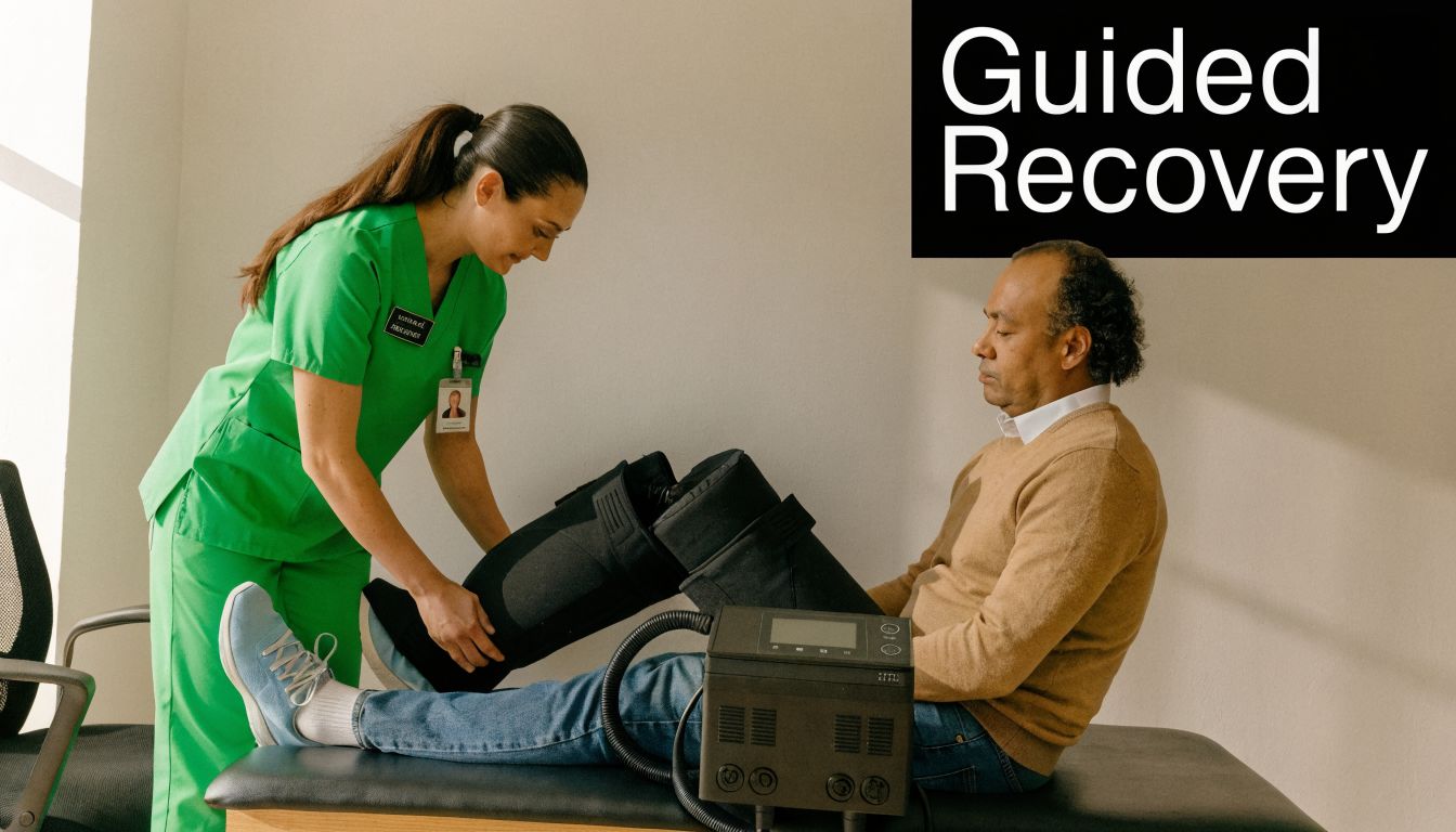 A medical professional assists a patient in fitting compression boots for recovery therapy on a clinic bed.
