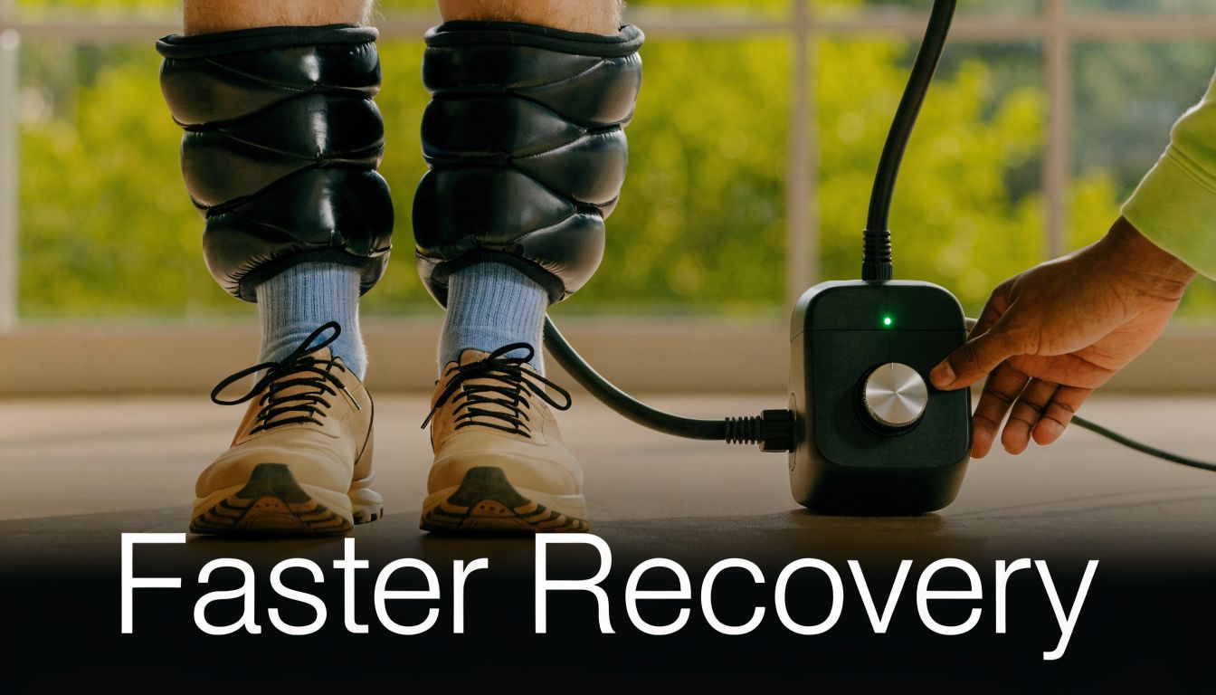 A person using compression recovery boots while a hand adjusts settings on the control unit device.