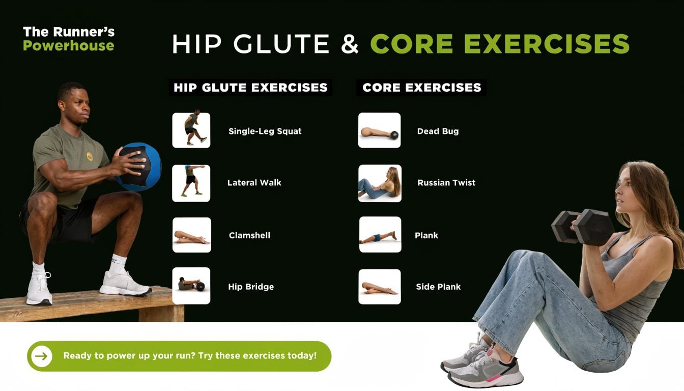 A list of hip, glute, and core exercises for runners featuring demonstration photos for each movement.