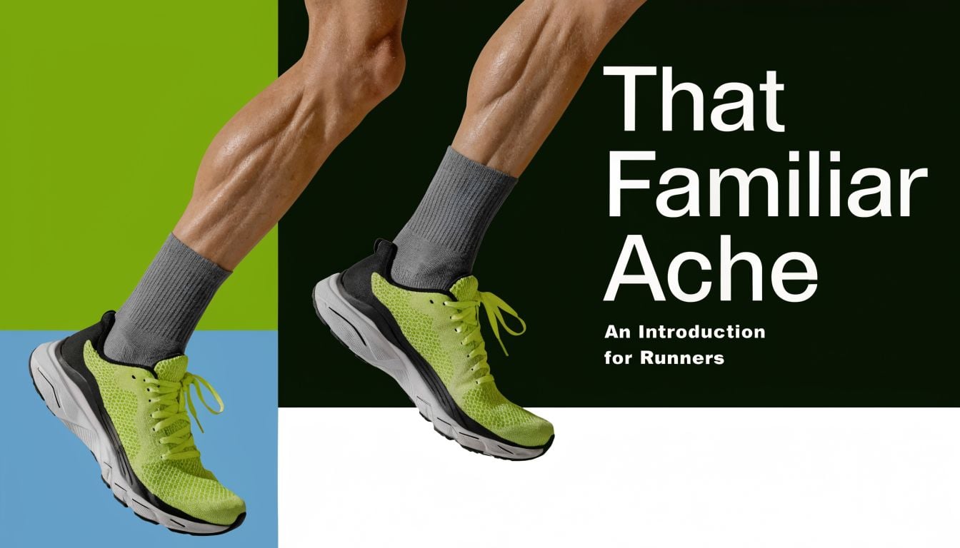 A close up of a runner's legs in athletic shoes and grey socks against a graphic background.