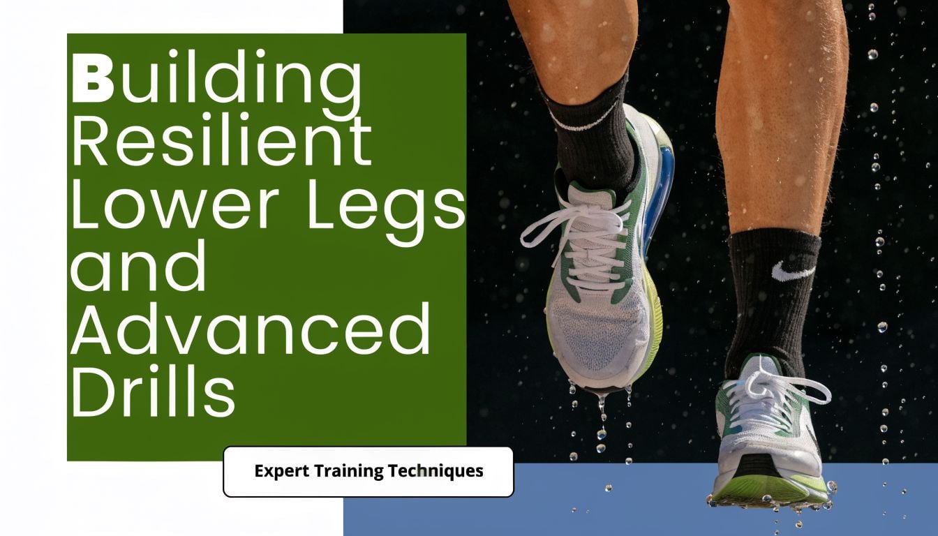 An athlete running in the rain with the text Building Resilient Lower Legs and Advanced Drills overlaid.