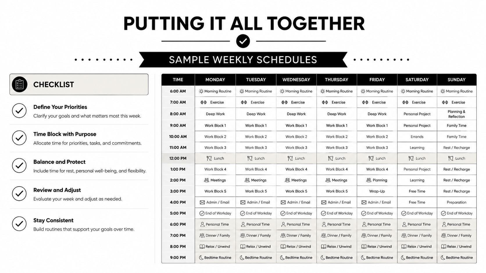 A weekly scheduling template showing a balanced routine with time blocks for work, health, and family activities.