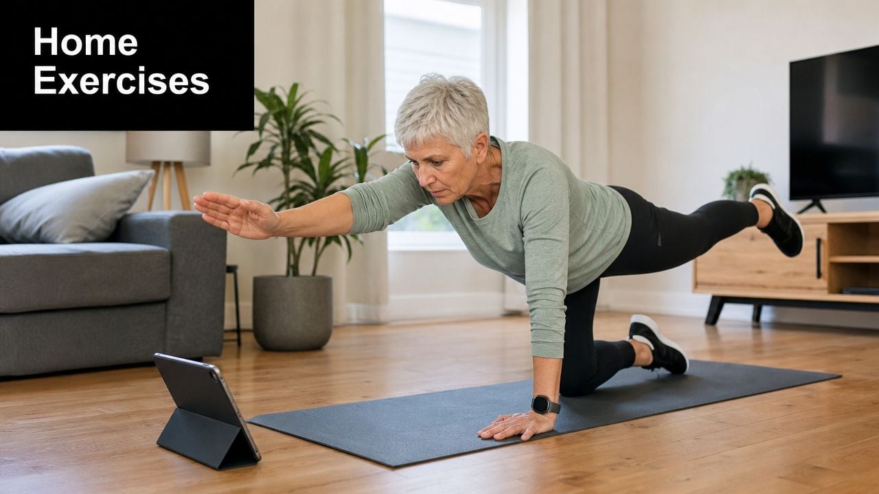 A mature woman performing a bird-dog exercise on an exercise mat while following instructions on a tablet.