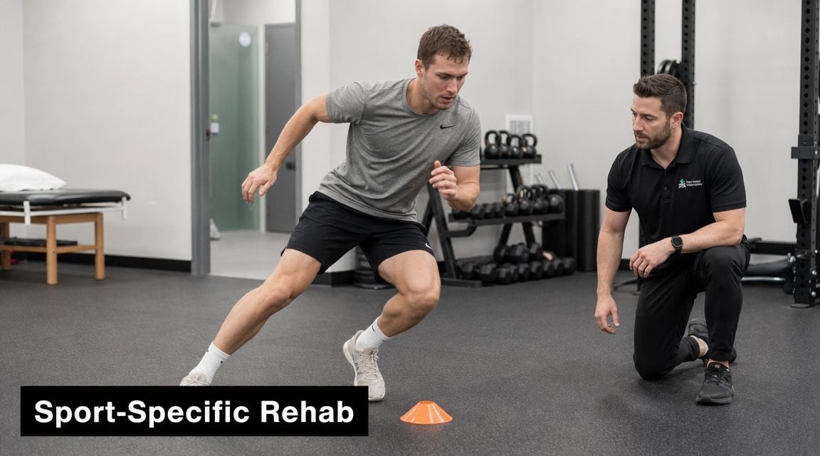 A male athlete performing a side-stepping agility exercise guided by his physical therapist in a gym.