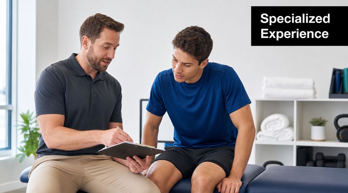 A physical therapist in a grey polo shirt reviewing medical documentation with a male patient on a table.