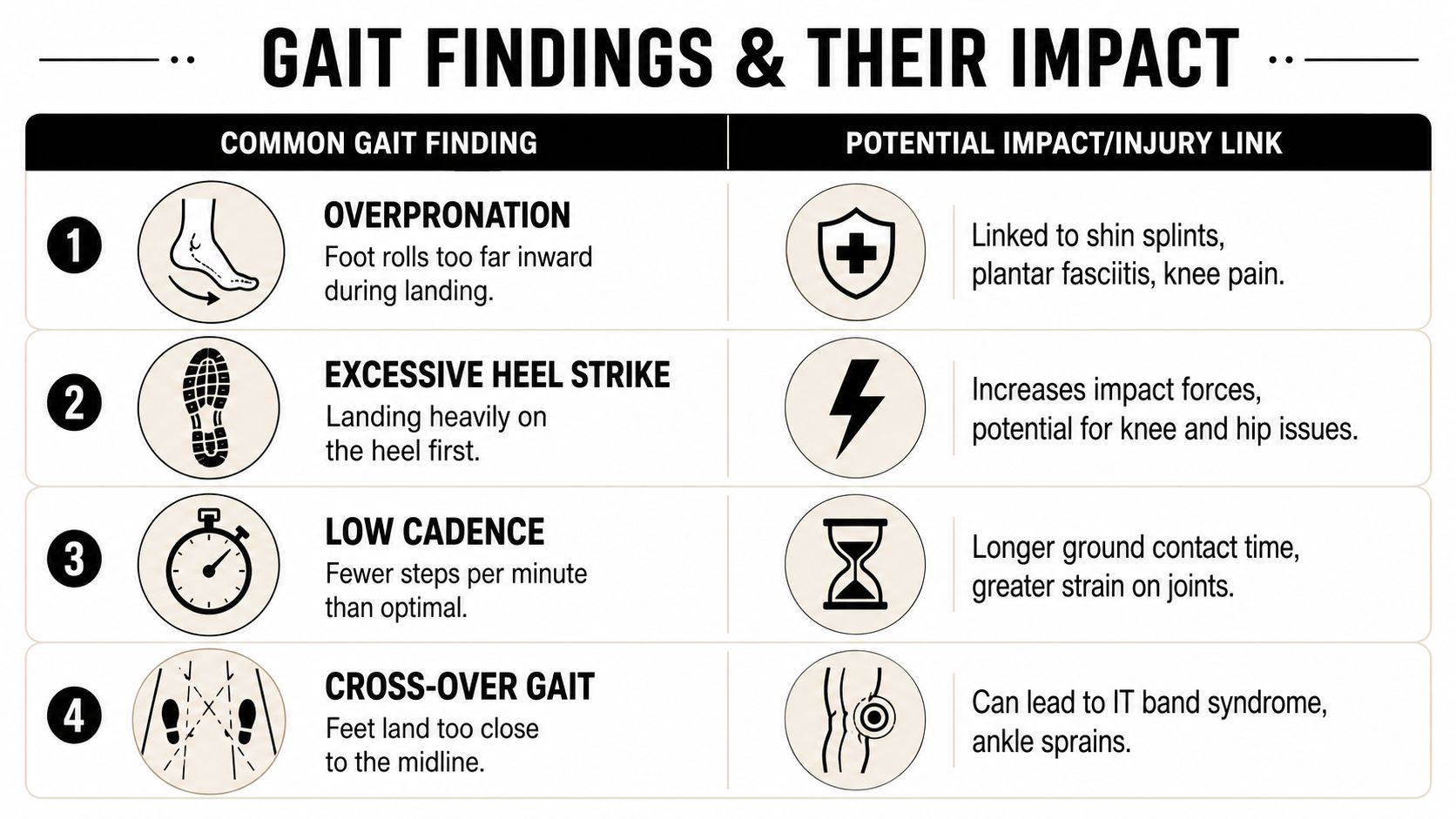 A chart detailing common running gait findings, including overpronation, heel strike, cadence, and cross-over gait issues.